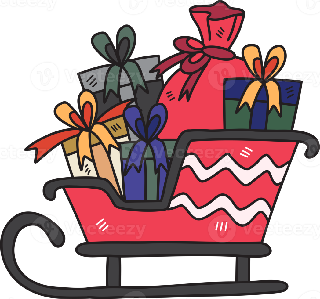 hand- getrokken de kerstman slee en cadeaus illustratie png