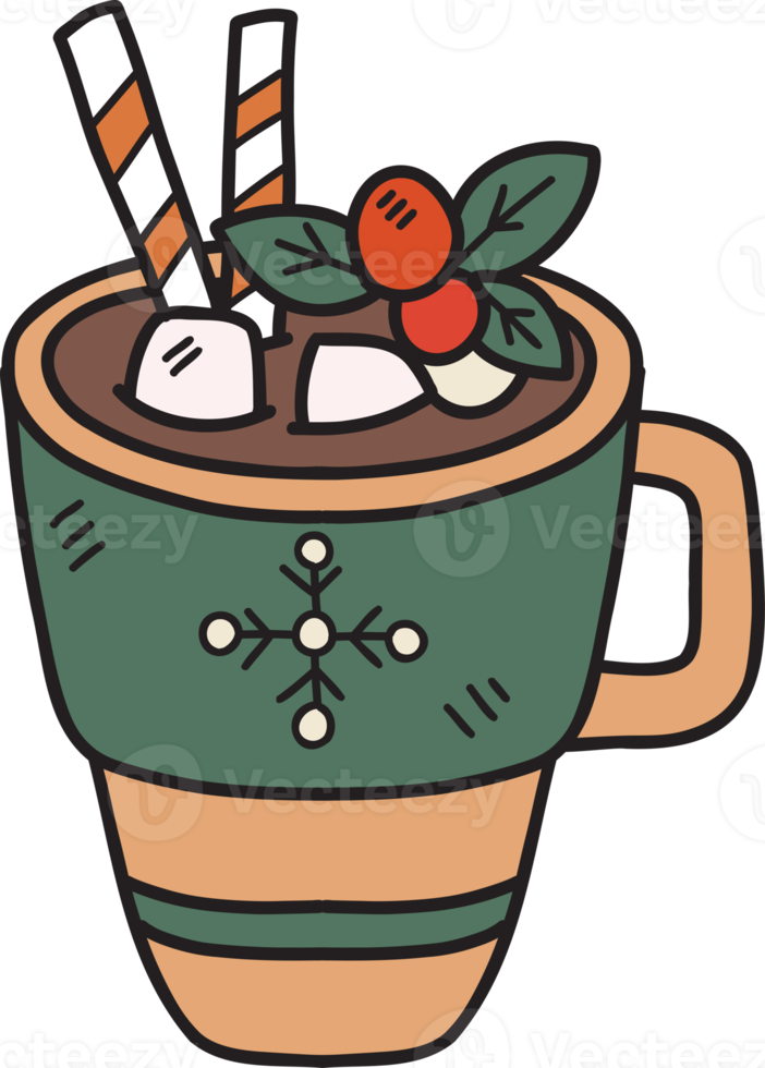 Hand Drawn Christmas Cocoa with marshmallows coffee mug illustration png