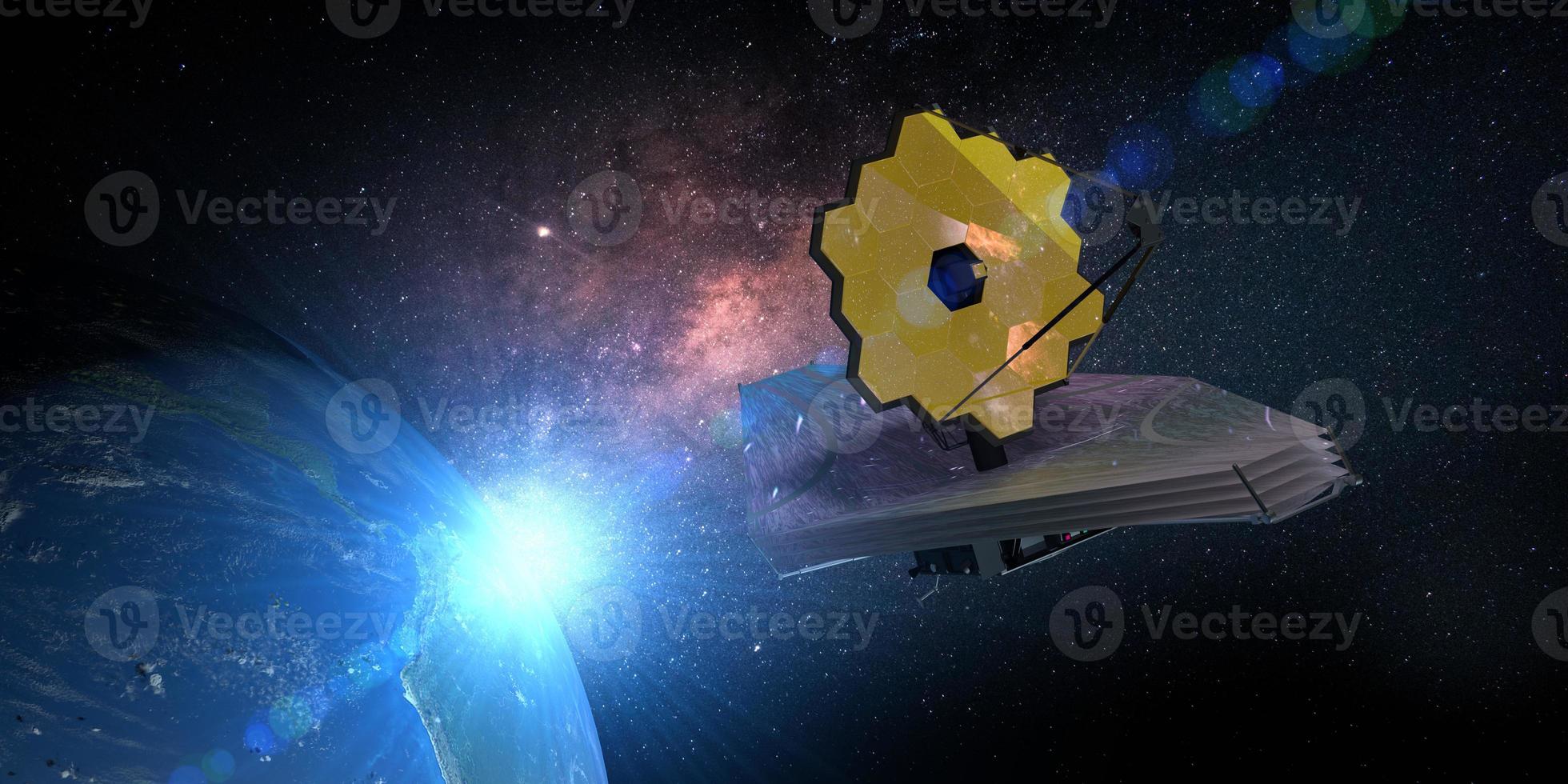James Webb Space Telescope traveling near planet earth and exploring deep space. 3D Illustration photo