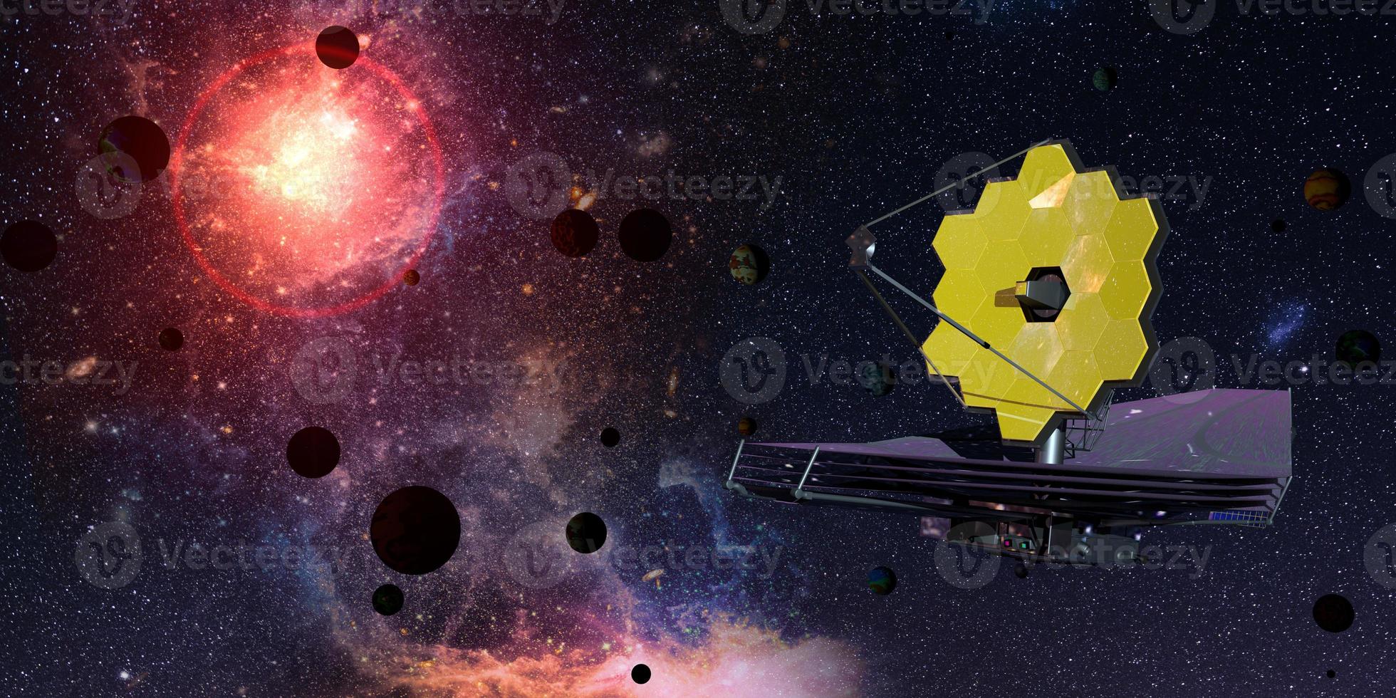 James Webb Space Telescope traveling and exploring deep space. 3D Illustration photo