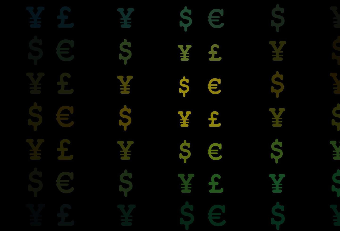 Dark green, yellow vector pattern with EUR, USD, GBP, JPY.