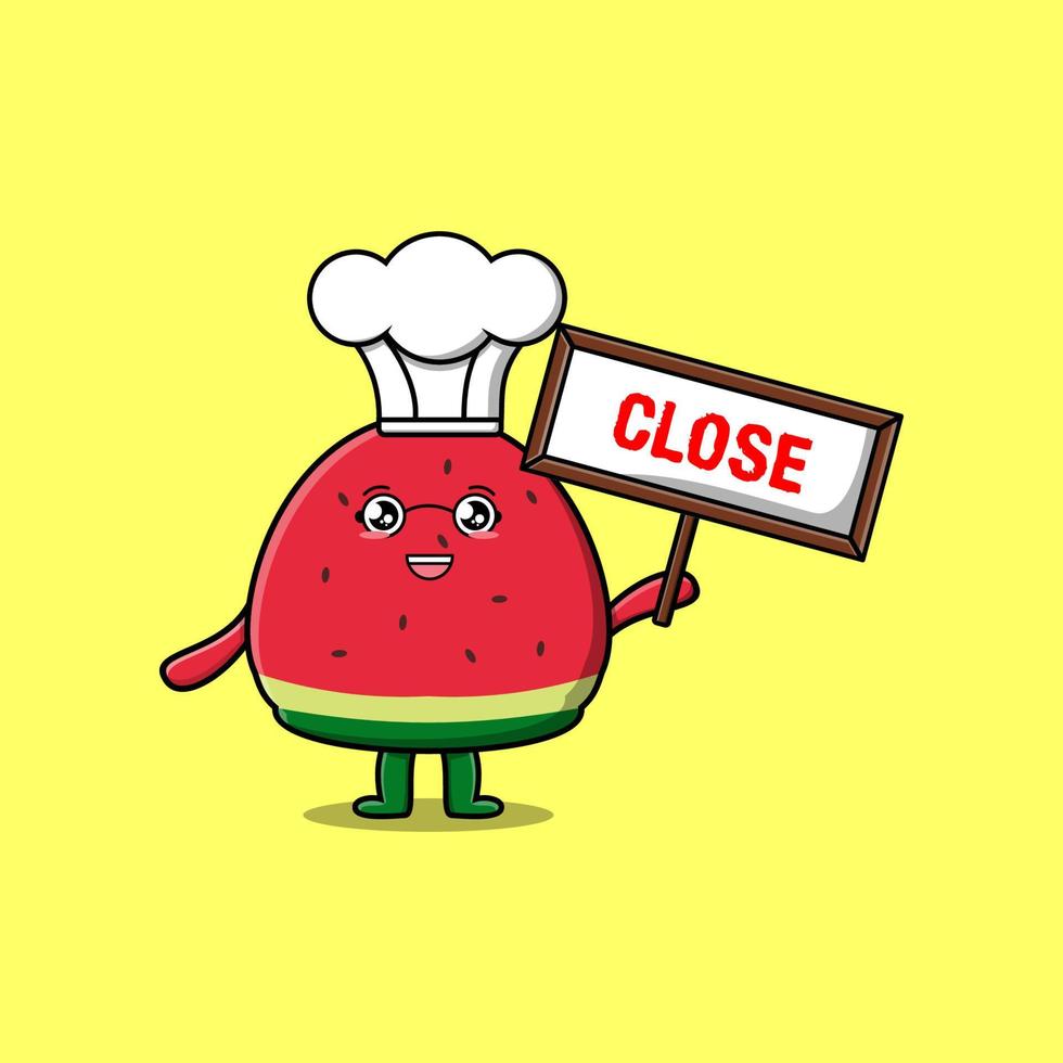 Cute cartoon watermelon chef hold close sign board vector