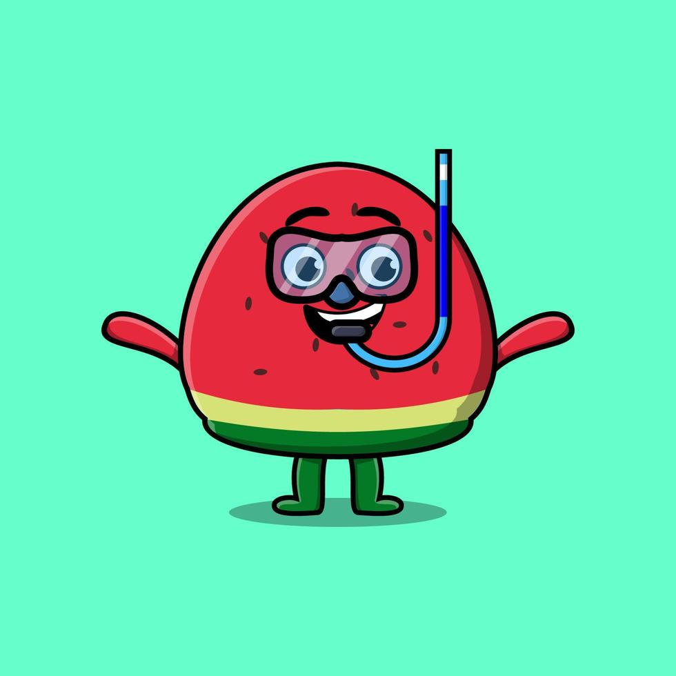 Cute cartoon watermelon diver with swimming glass vector