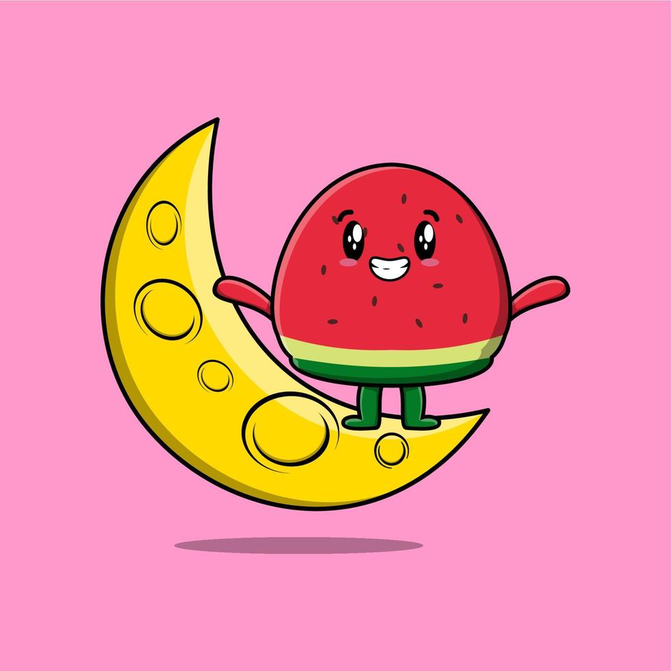 Cute cartoon watermelon standing on crescent moon vector