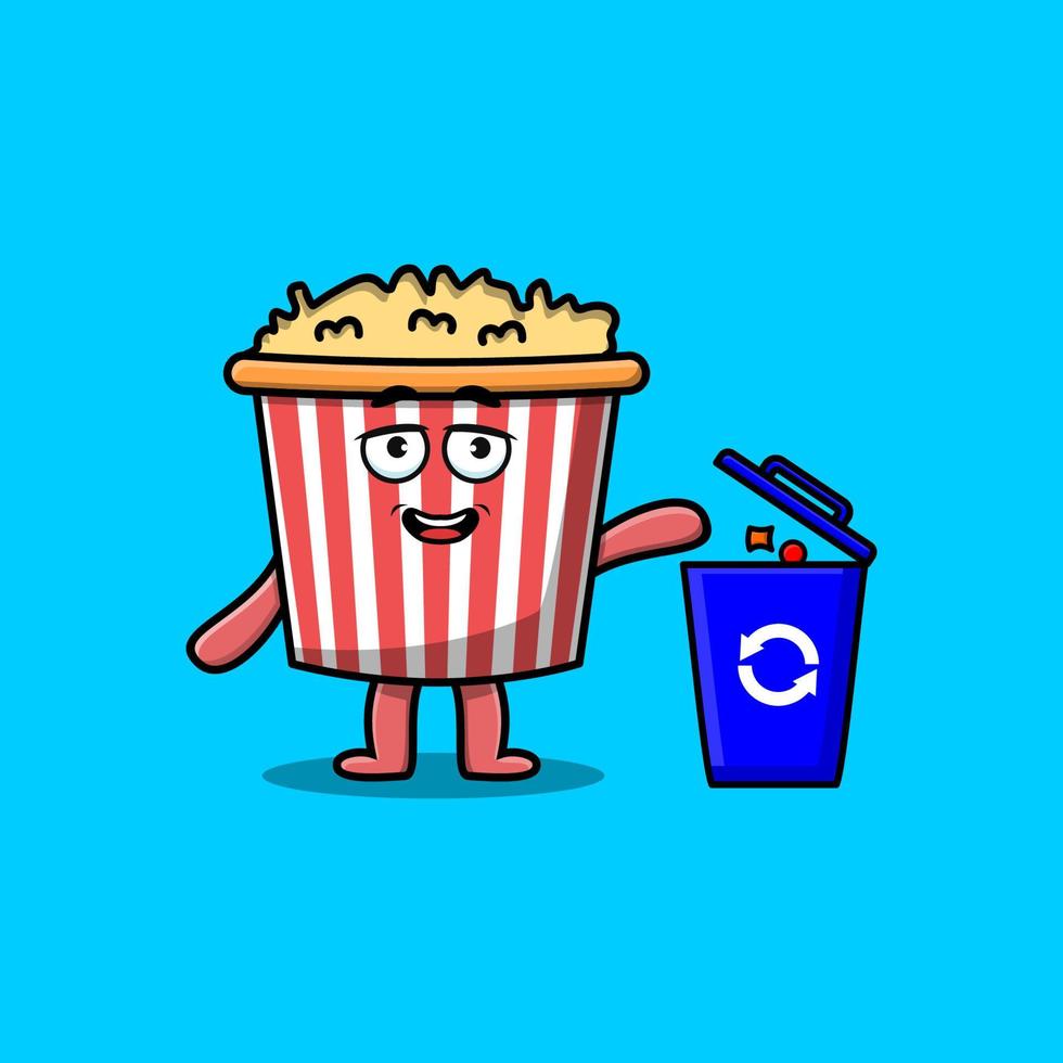 Cute cartoon Popcorn throwing trash in the trash vector