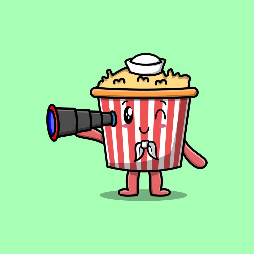 cartoon Popcorn sailor with hat and use binocular vector