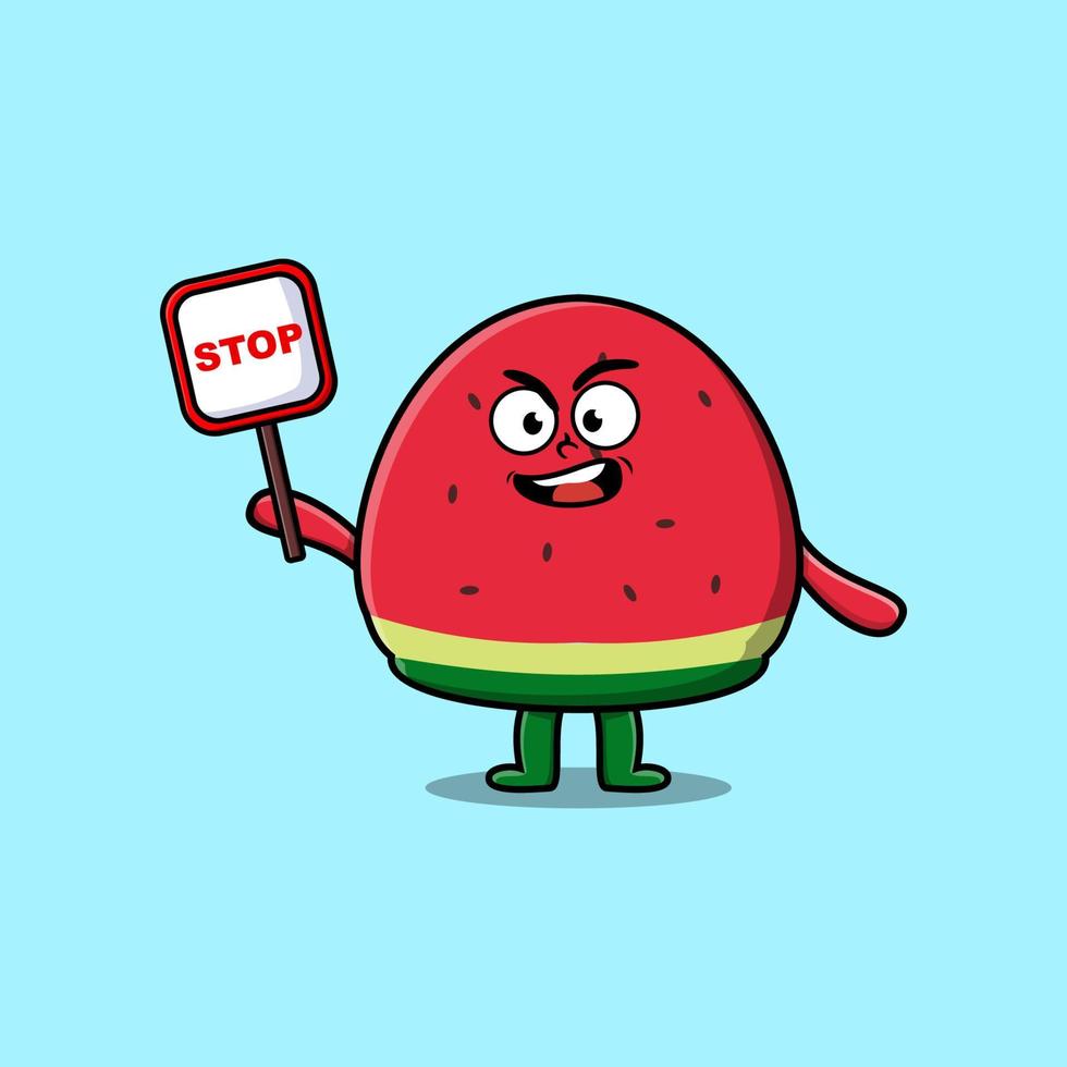 Cute Cartoon watermelon with stop sign board vector
