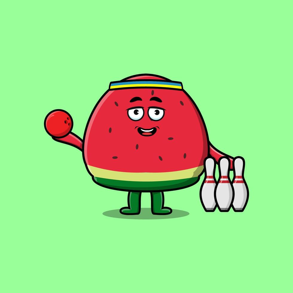 Cute cartoon watermelon character playing bowling vector