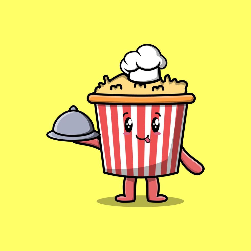 Cute Cartoon chef Popcorn serving food on tray vector