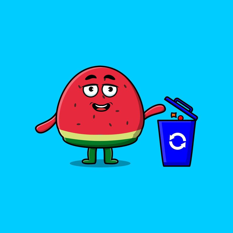 Cute cartoon watermelon throwing trash in trash vector