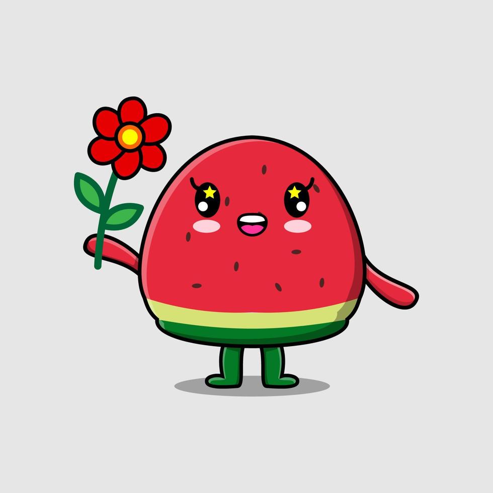 Cute cartoon watermelon holding red flower vector