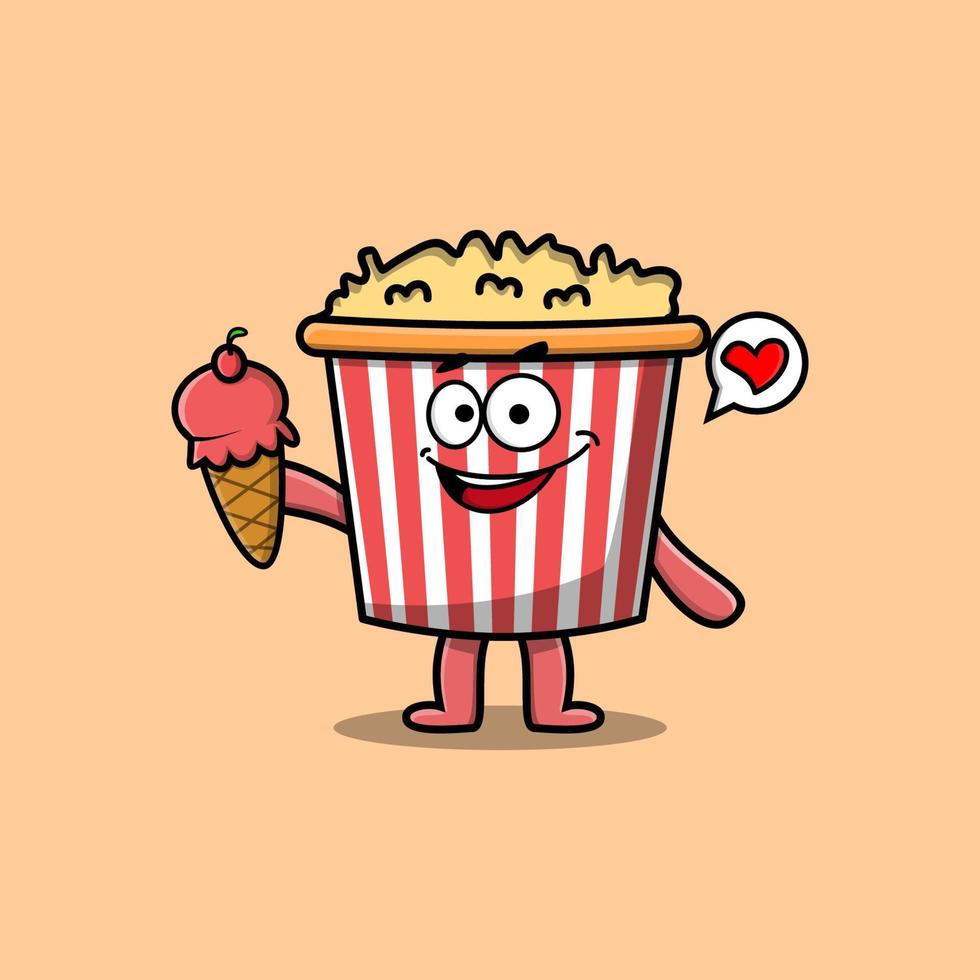 Cute Cartoon Popcorn character hold ice cream cone vector