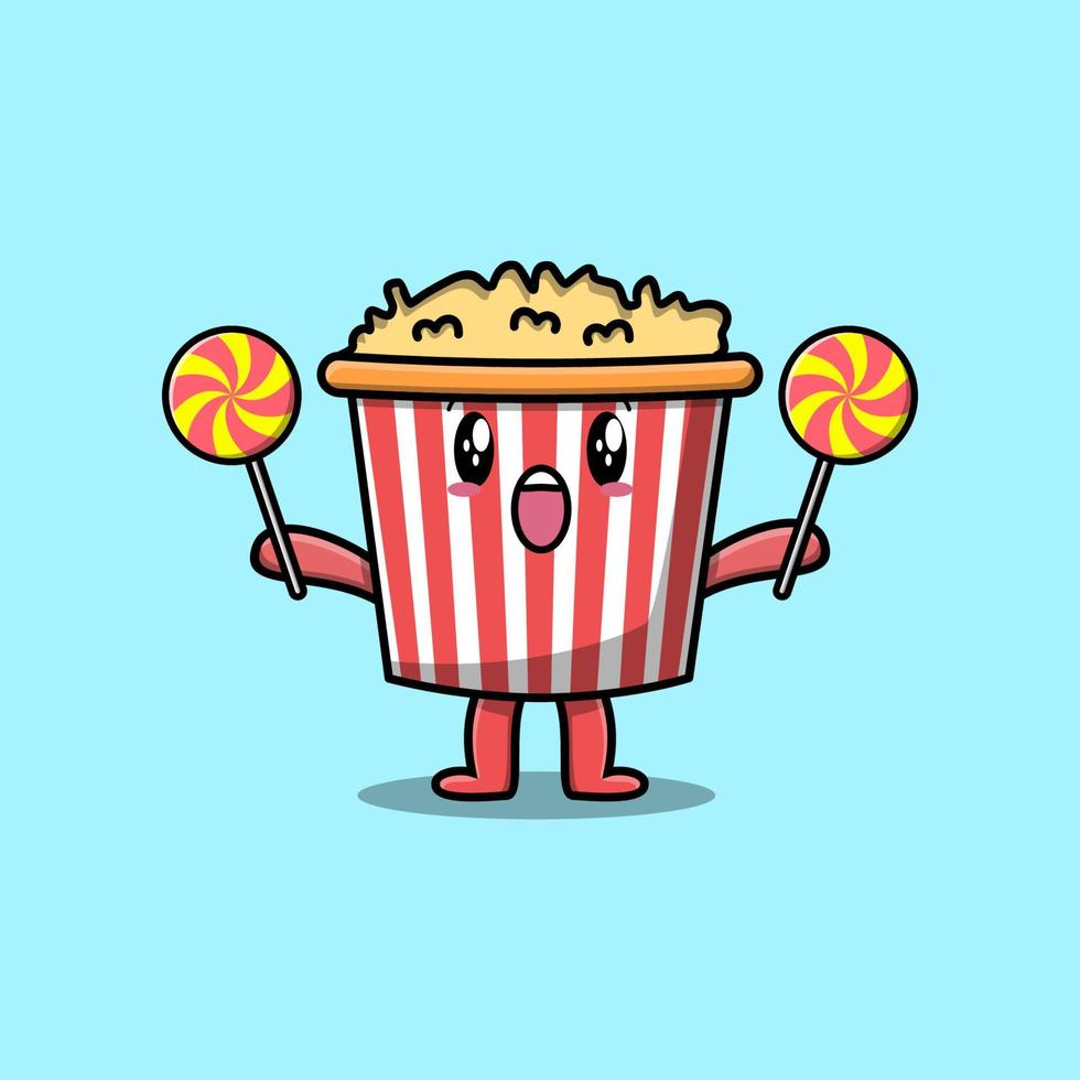 Cute cartoon Popcorn holding lollipop candy vector