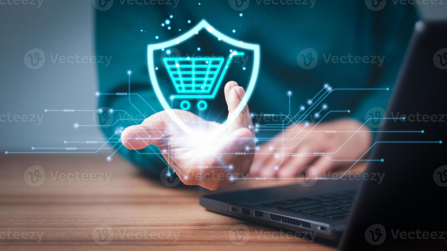 Adult man using a laptop buying order in online store, shopping on internet, concept computer shopping app. photo