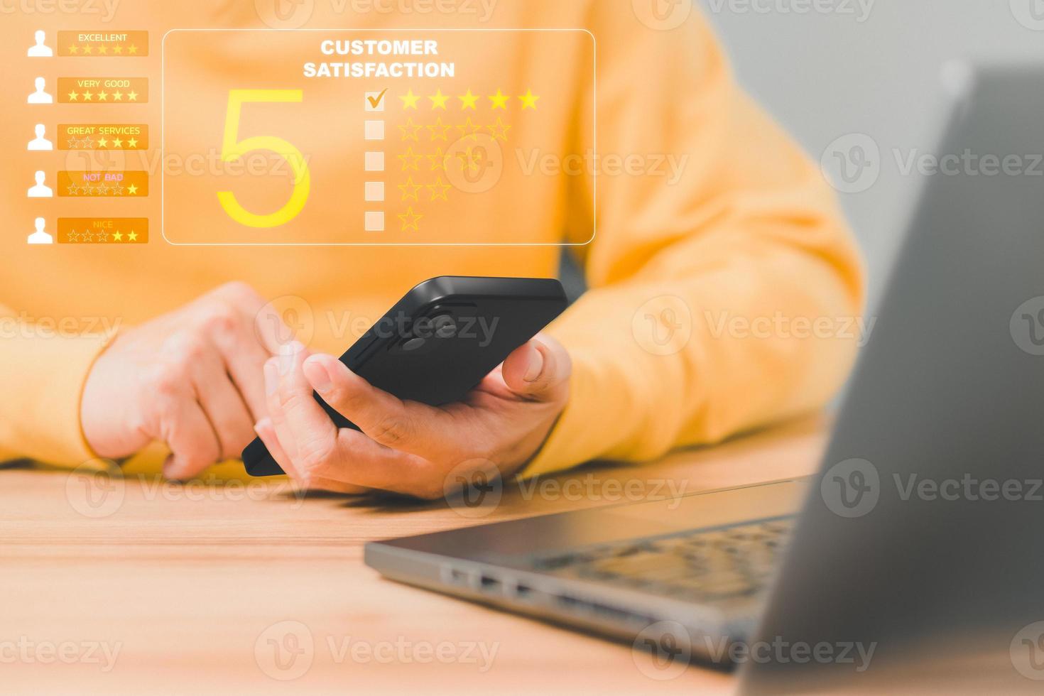 User give rating to service experience on online application, Customer can evaluate quality of service leading to reputation ranking of business, Customer review satisfaction feedback survey concept. photo