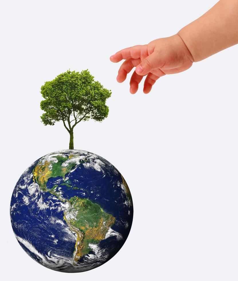 The globe in hands of the child,isolated on a white photo