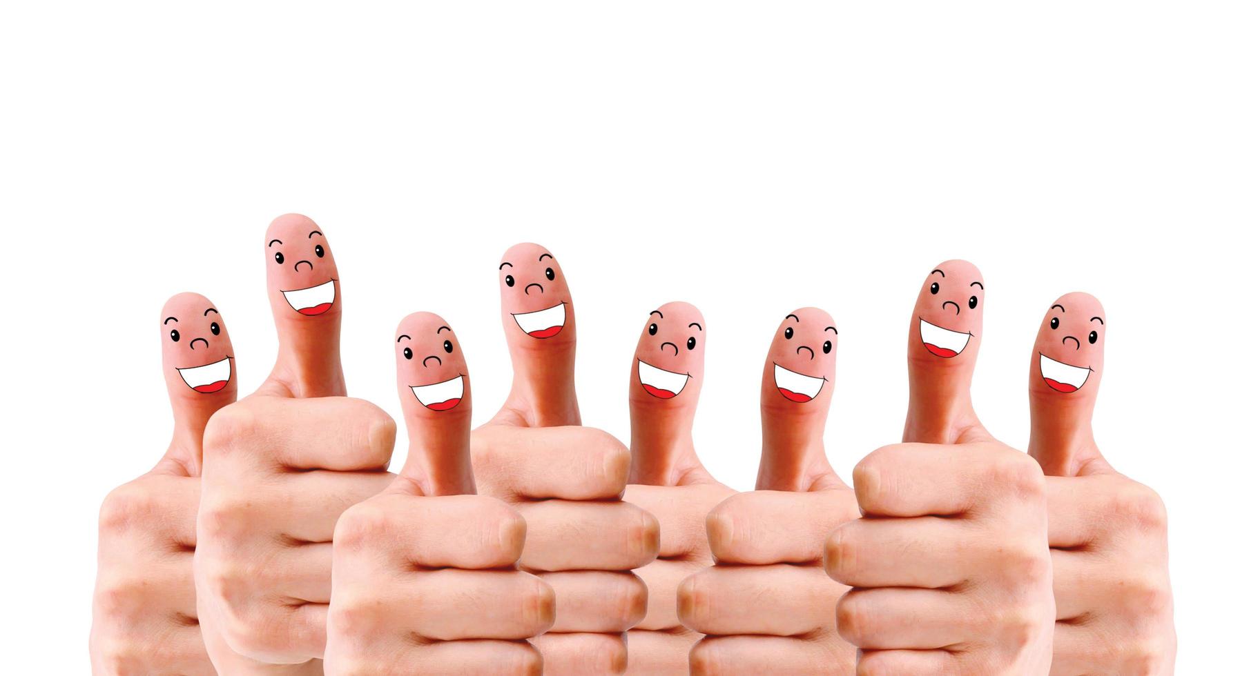 group of finger faces with social chat sign and speech bubbles photo