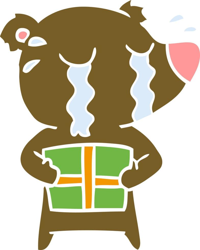 flat color style cartoon crying bear with present vector