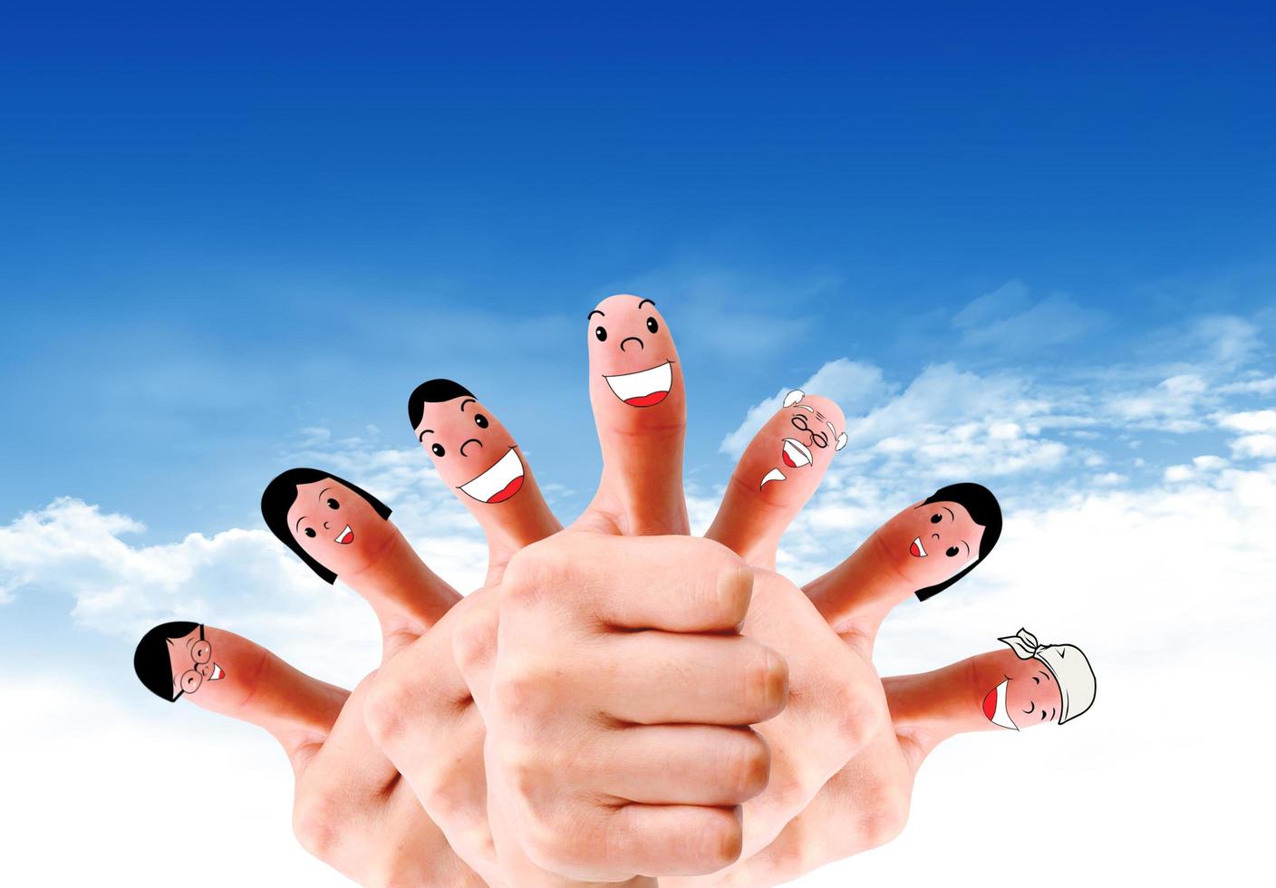 Happy group of finger faces as social network with speech photo