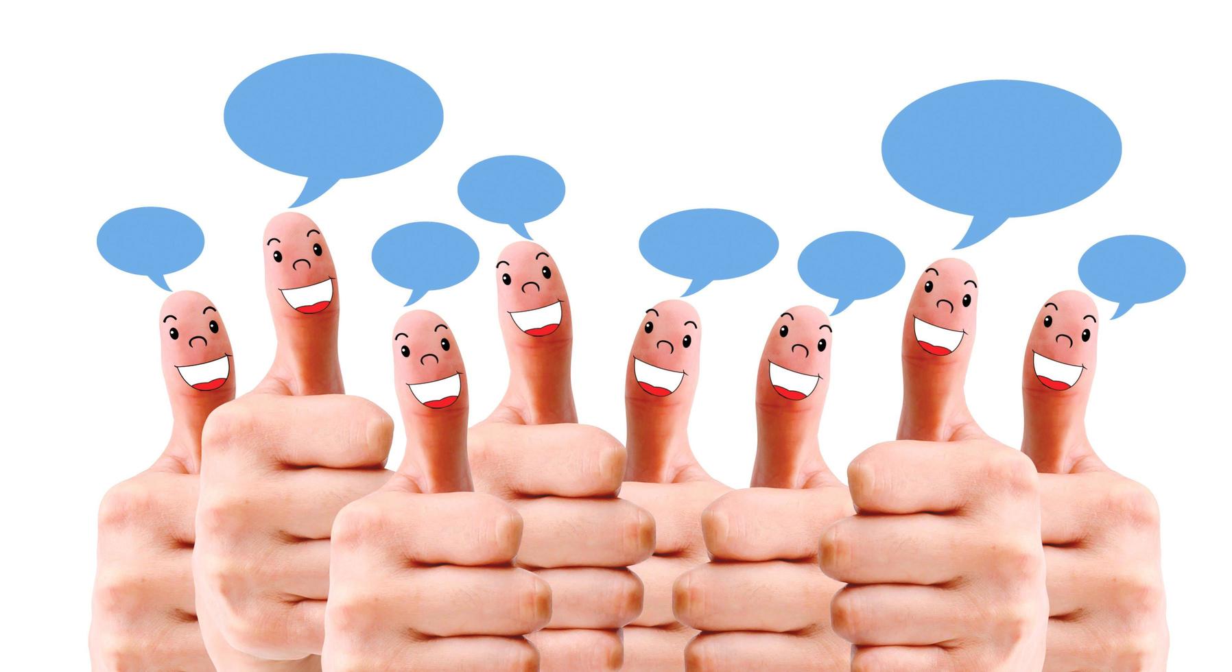 group of finger faces with social chat sign and speech bubbles photo