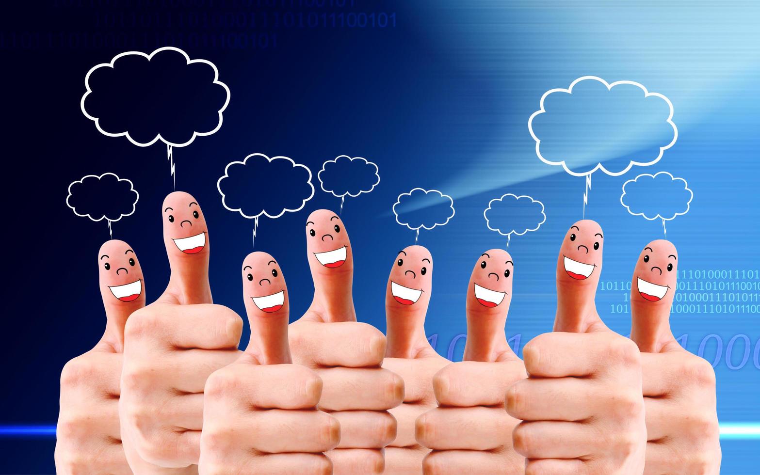 group of finger faces with social chat sign and speech bubbles photo