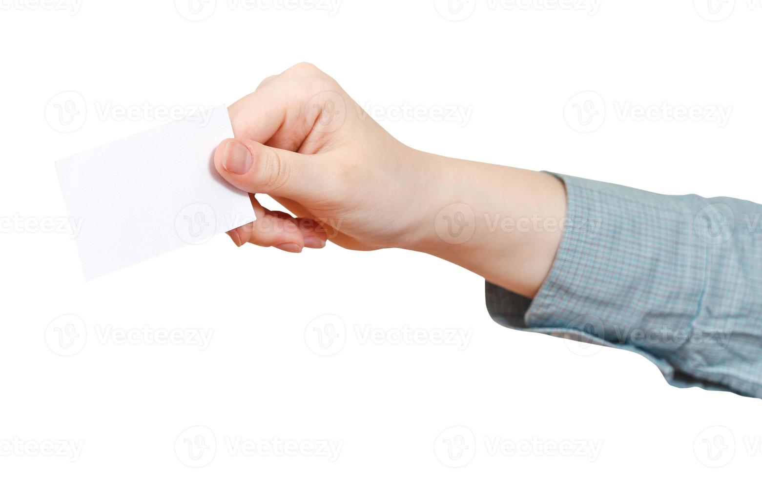 side view of blank business card in hand isolated photo