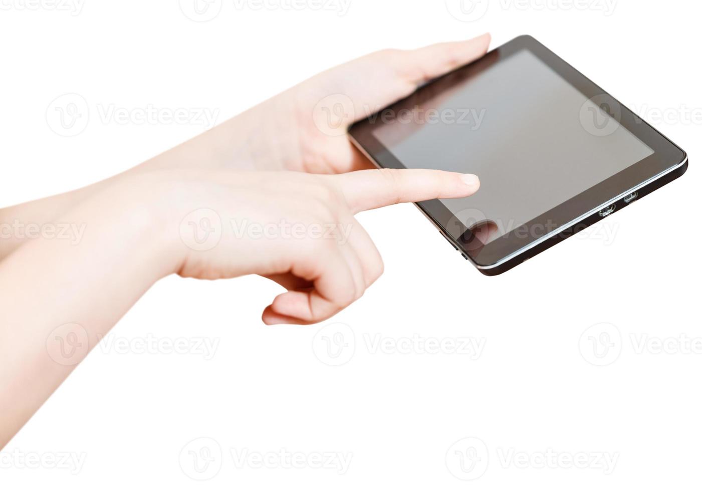 girl holding and touching touchpad screen isolated photo