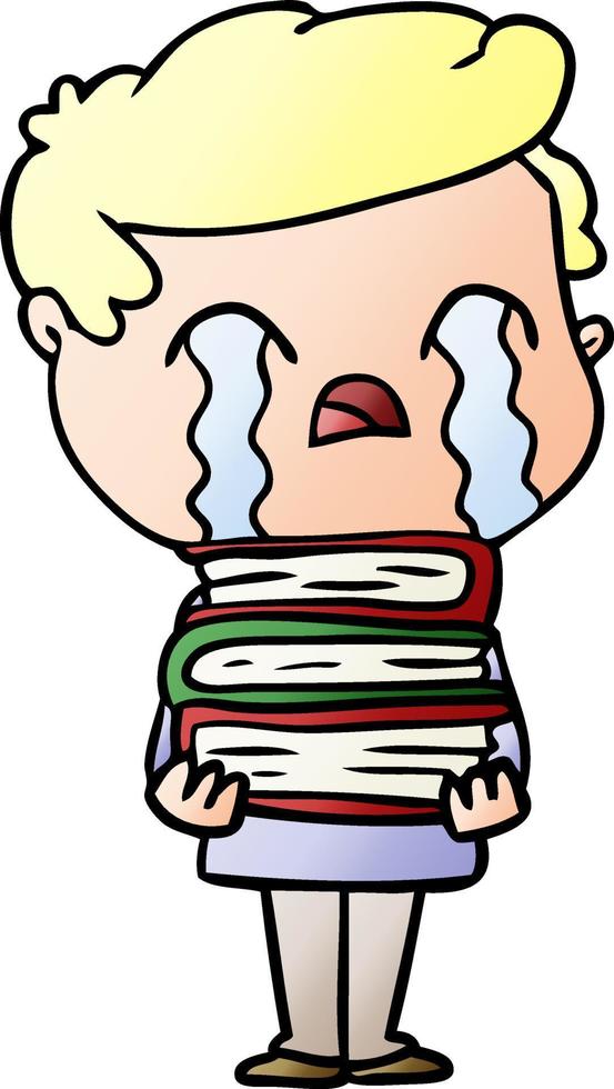 cartoon man crying over stack of books vector