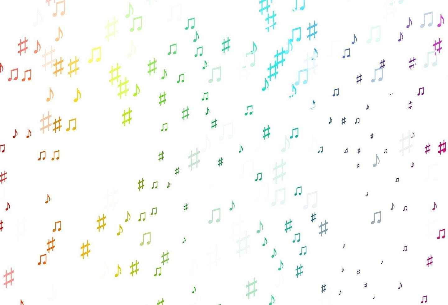 Luz multicolor, telón de fondo de vector de arco iris con notas musicales.