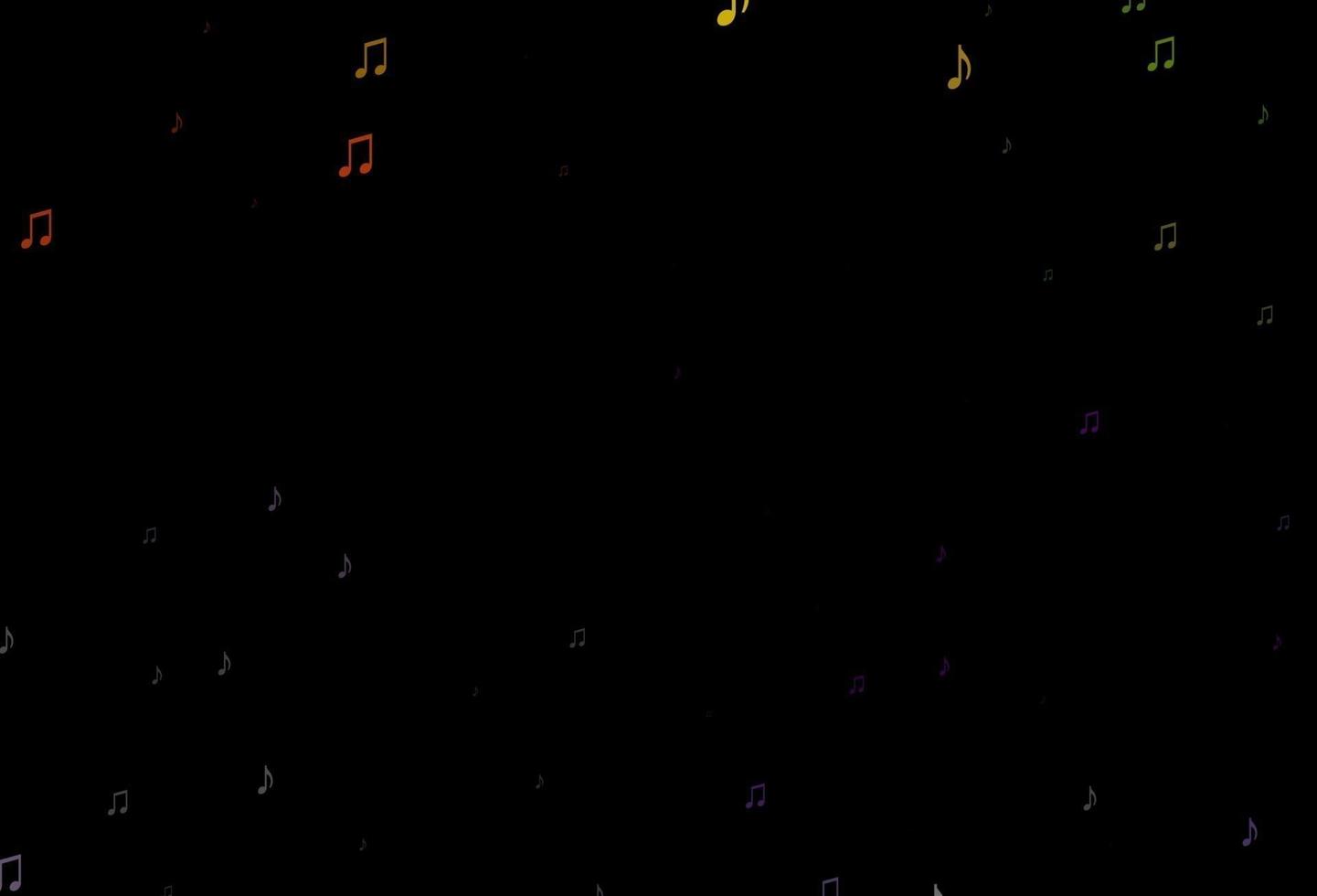 Fondo de vector de arco iris multicolor oscuro con notas musicales.