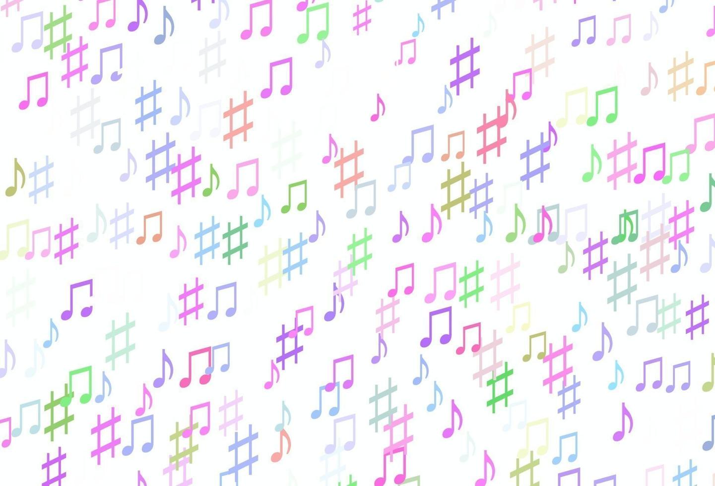 Fondo de vector de arco iris multicolor claro con símbolos musicales.