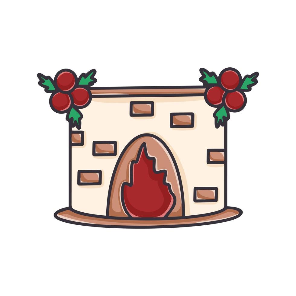 chimenea con fuego decorada con bolas y ramas de abeto clipart de dibujos animados vector