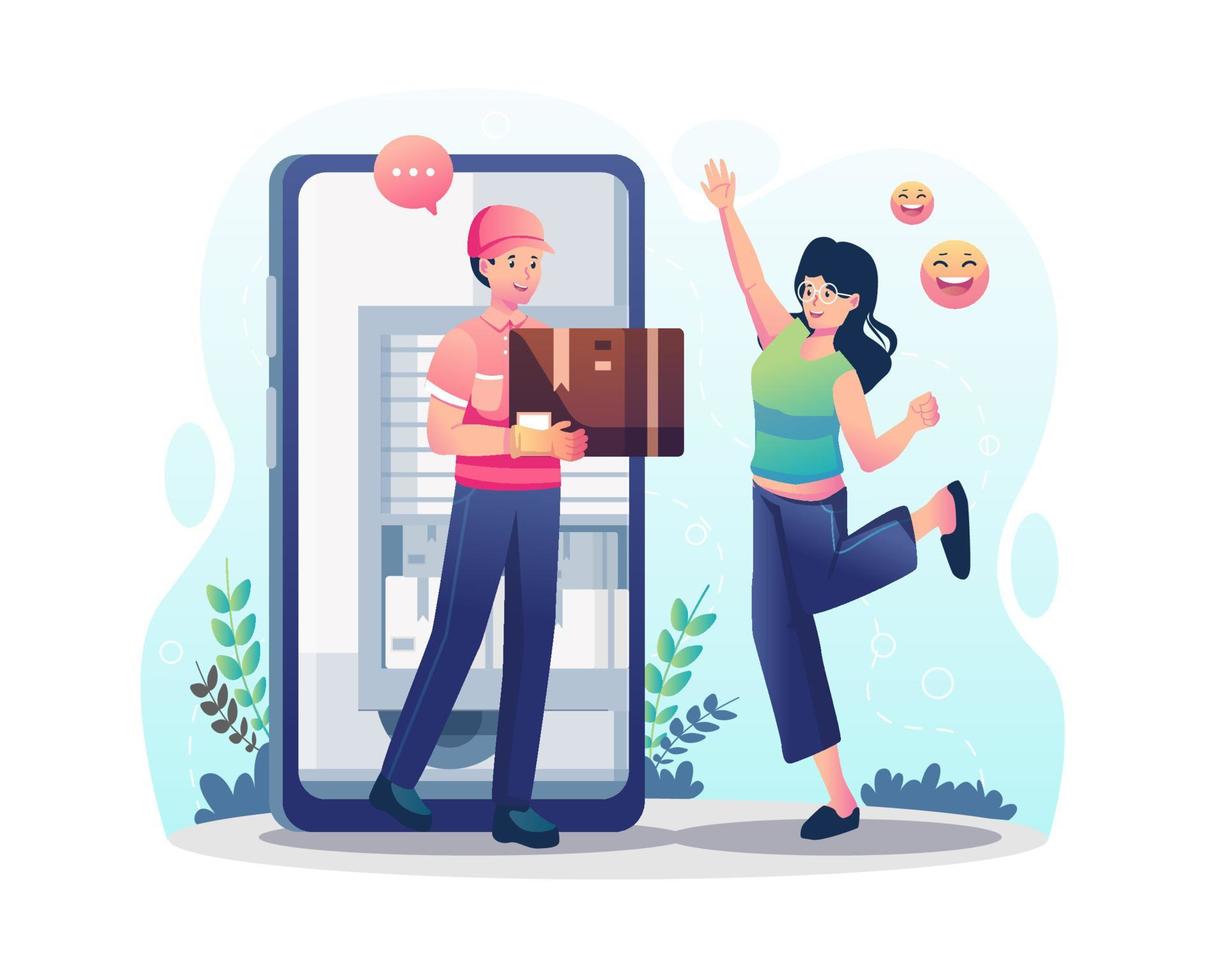 Online Delivery service concept. A man courier come out from a smartphone and delivered a parcel box to a woman customer. A happy woman receives a parcel from online delivery. Vector illustration