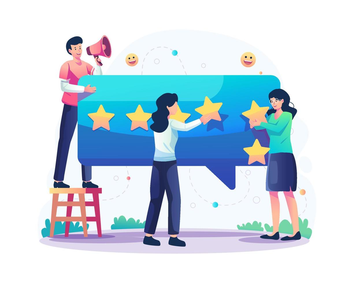 Customer reviews concept illustration with people giving five stars rating, positive feedback, satisfaction, and evaluation for product or services. Vector illustration in flat style