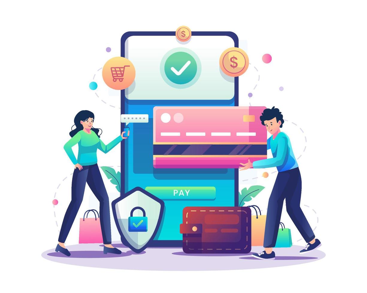 Online payment concept. A man and a woman doing a digital money transfer through a smartphone. Mobile Banking, secure payment, electronic bill payment. Vector illustration in flat style