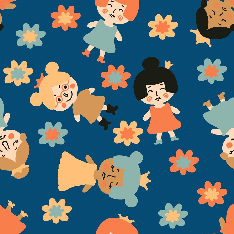 Seamless pattern with princess and daisy flowers. vector