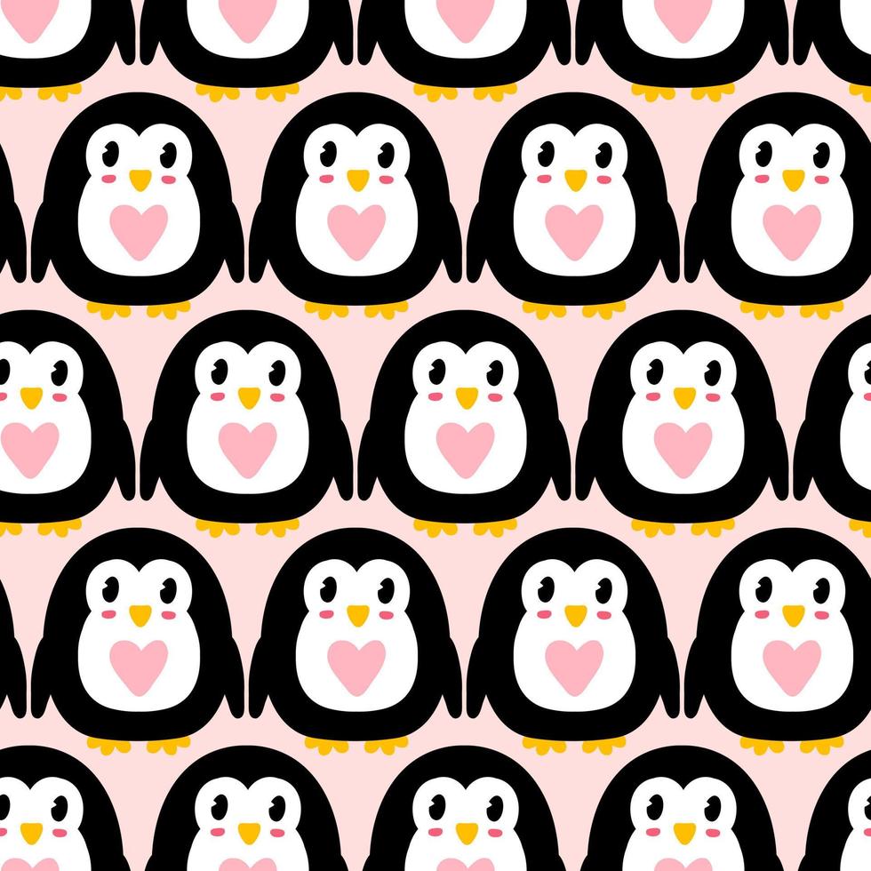 Romantic penguins and hearts seamless pattern. vector