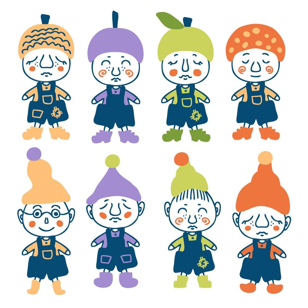 Cute little gnomes doodle clipart collection. Perfect for posters, stickers, tee, logo and print. Isolated vector illustration for decor and design.