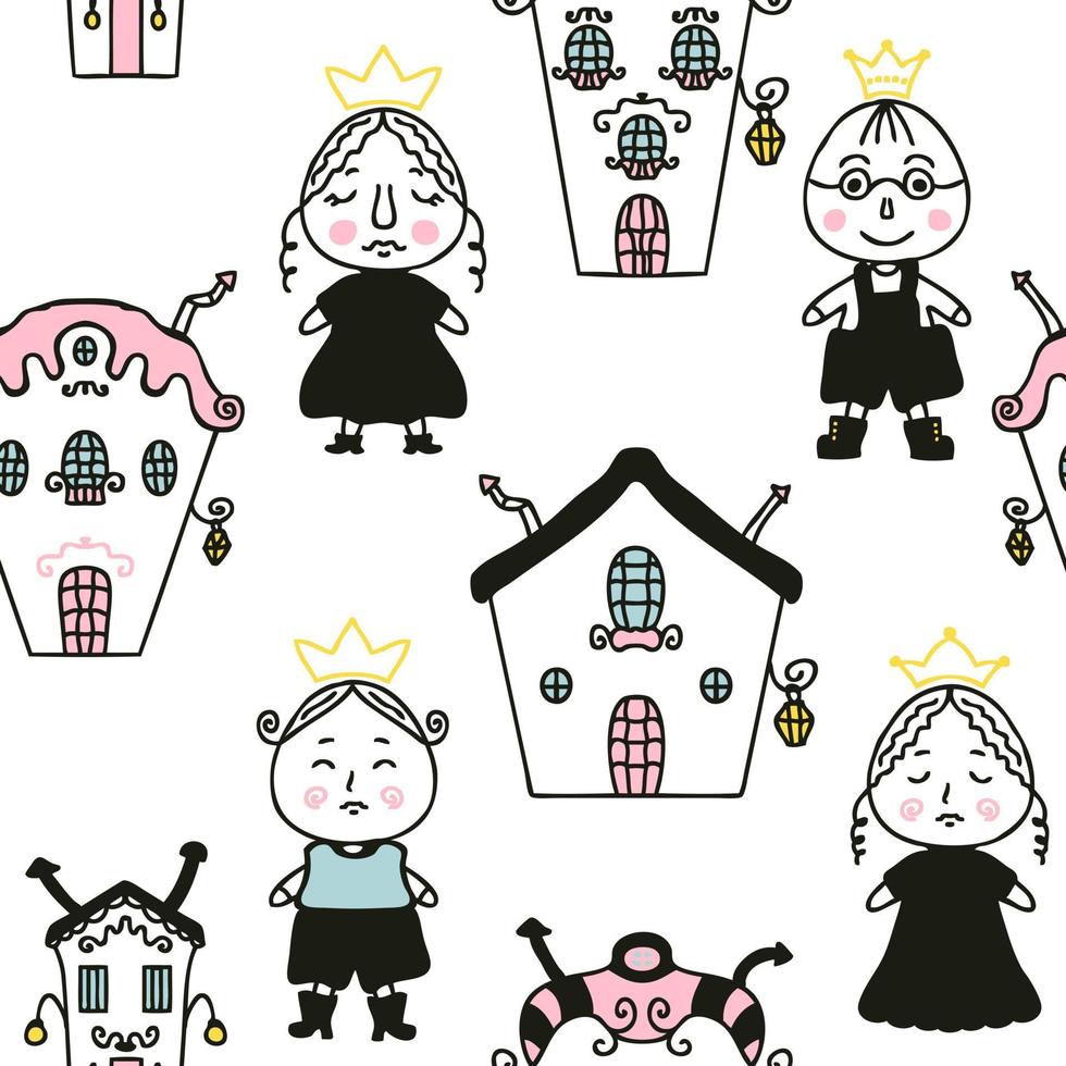 Doodle seamless pattern with princes, princesses and houses. vector