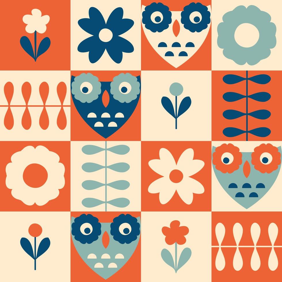 Seamless pattern with owls and flowers in retro swiss style. vector