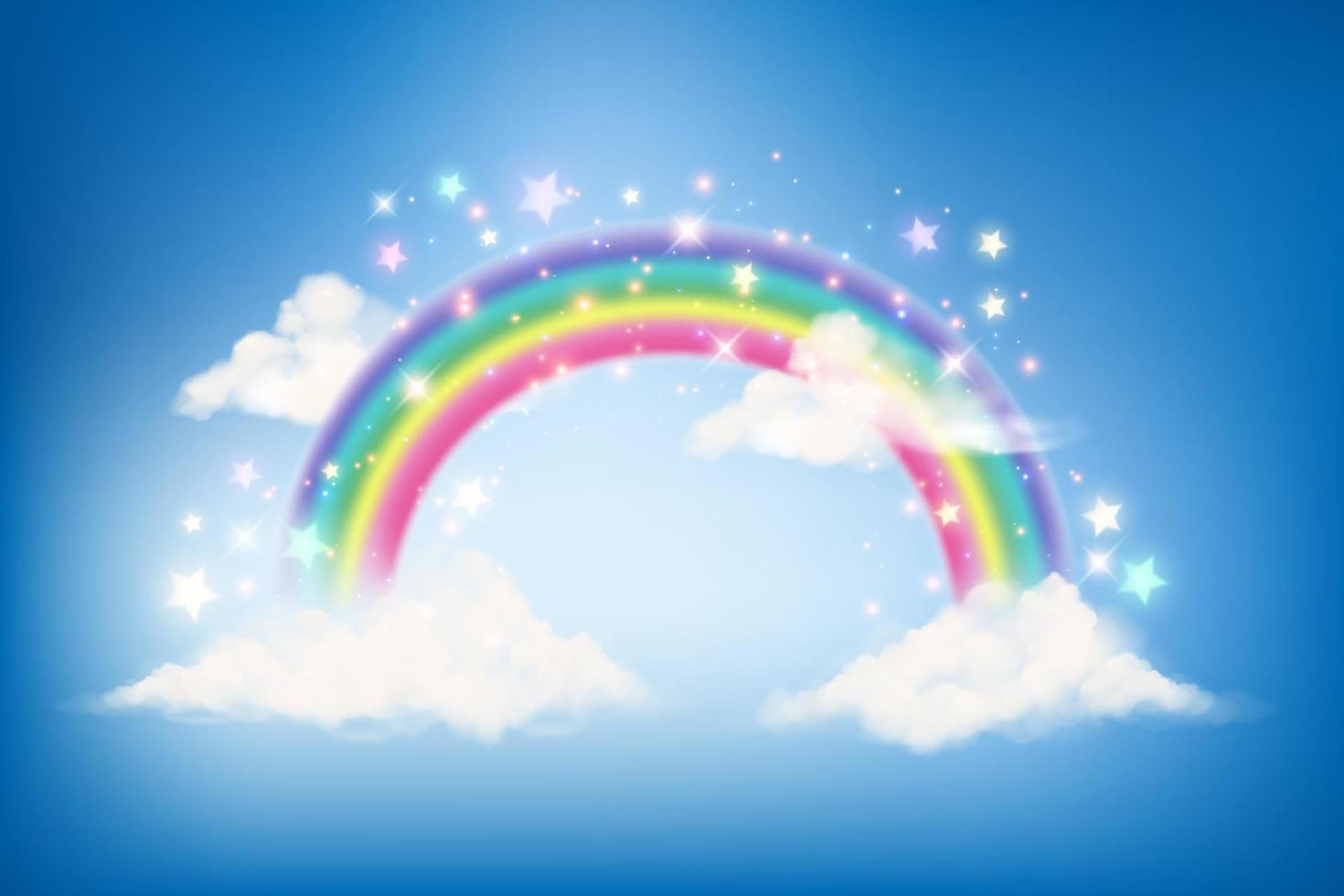 Fantasy rainbow unicorn background with clouds on blue sky. Magical landscape, abstract fabulous wallpaper with stars and sparkles. Arched realistic spectrum. Vector. vector