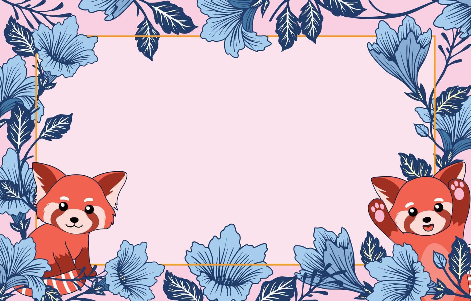 Border Background with Red Panda and Blue Flowers vector