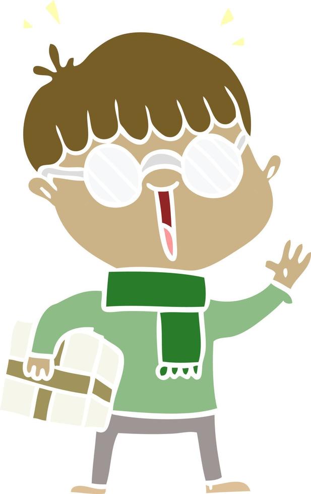 flat color style cartoon boy with parcel waving vector