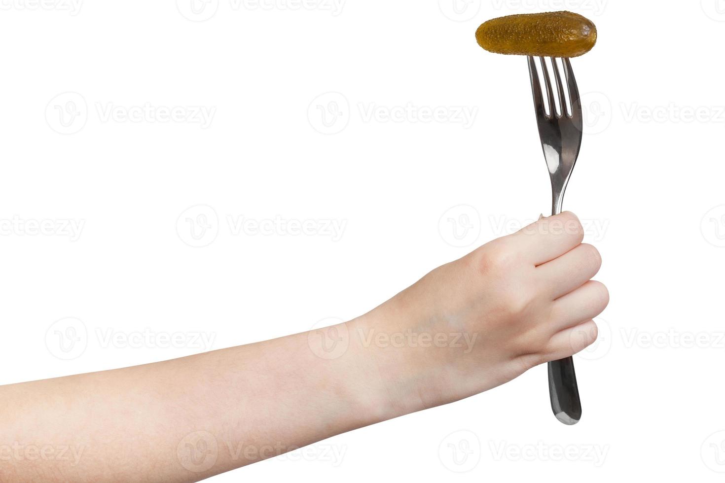hand holds fork with impaled pickled gherkin photo
