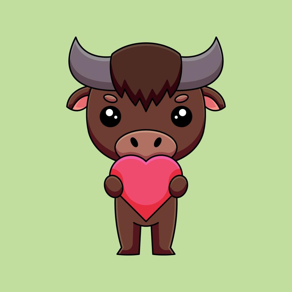 cute buffalo holding love hearth cartoon doodle art hand drawn concept vector kawaii icon illustration