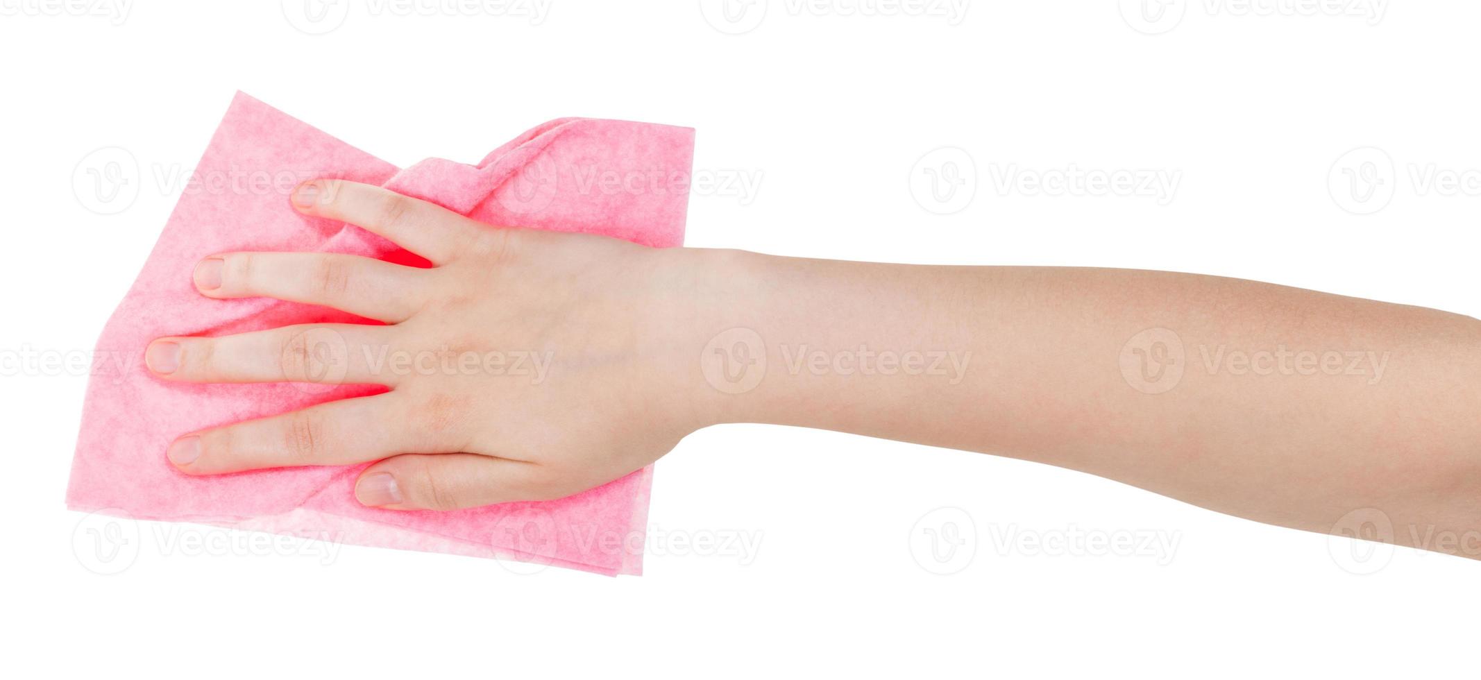 hand with pink dusting rag isolated on white photo