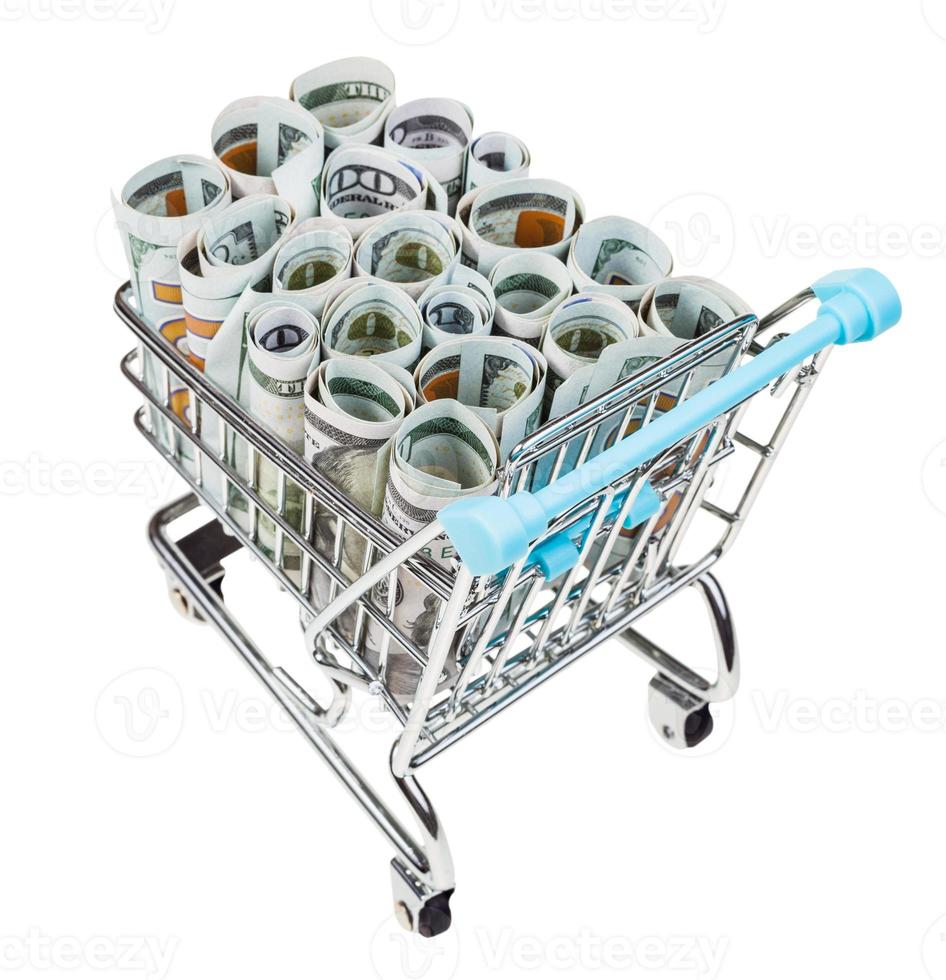 shopping trolley with dollar banknotes isolated photo