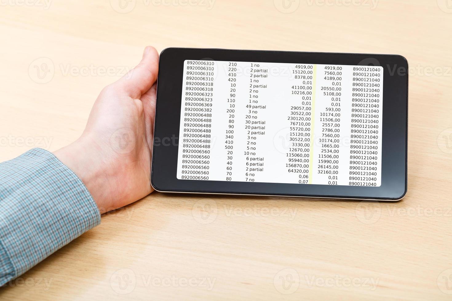 hand with tablet PC with financial data ad desk photo