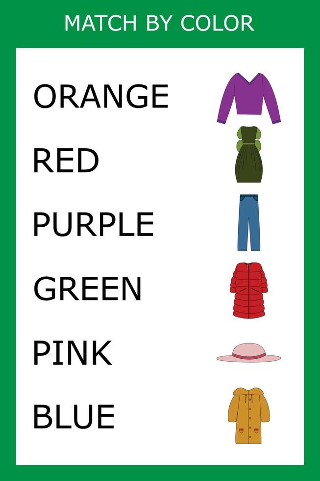 Connect the name of the color and the character of the clothes.  Logic game for children. vector