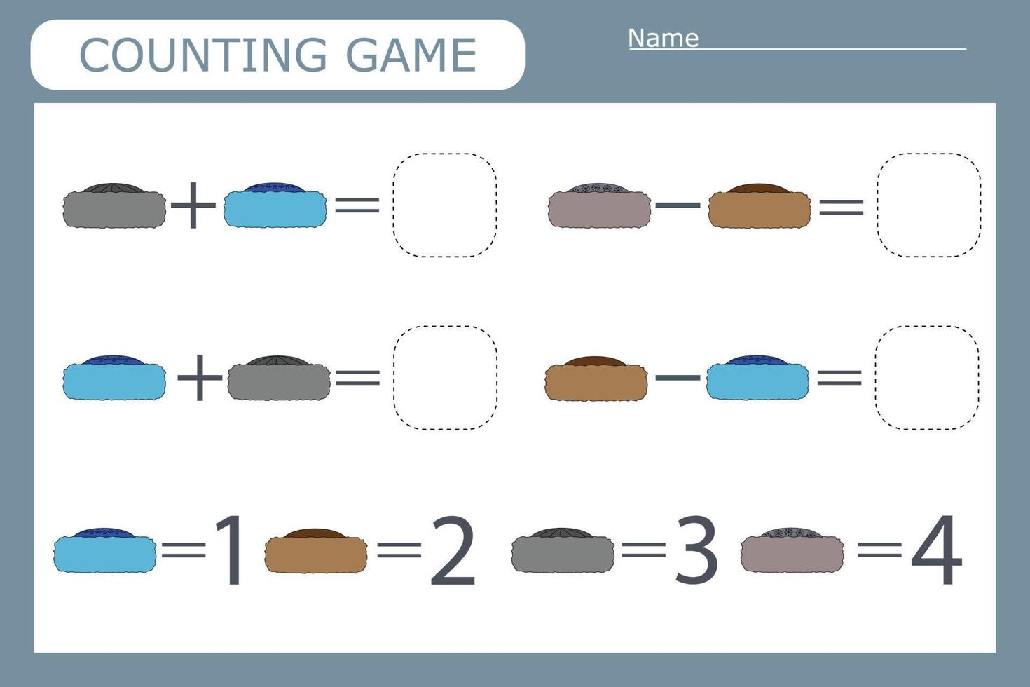 Counting game for preschool children. Solve the riddle with the help of children's clothes and solve the examples vector